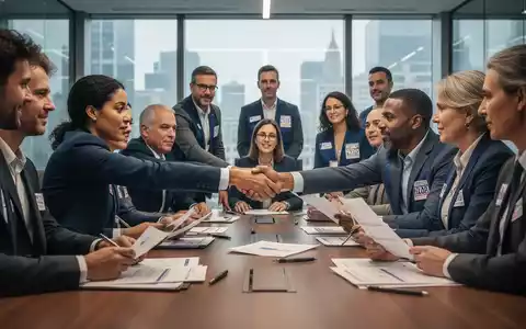 Eine Gruppe von Arbeitnehmervertretern und Gewerkschaftsmitgliedern bespricht Dokumente und schüttelt Hände an einem Konferenztisch. - Foto: über boerse-global.de