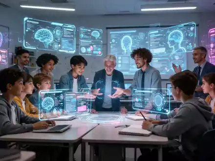 Students and educators in a modern classroom interacting with holographic digital learning modules and AI interfaces. - Foto: über boerse-global.de