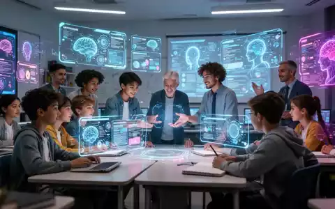 Students and educators in a modern classroom interacting with holographic digital learning modules and AI interfaces. - Foto: über boerse-global.de