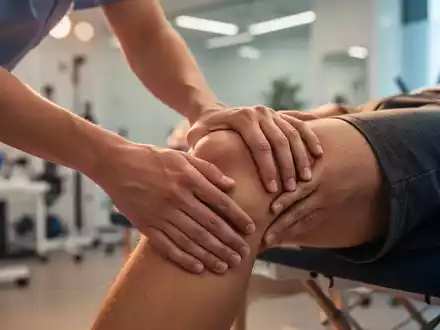 Hände eines Physiotherapeuten, die das Knie eines Patienten während einer manuellen Therapie sanft manipulieren. - Foto: über boerse-global.de