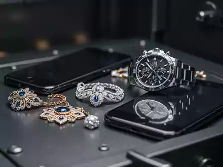 Nahaufnahme von wertvollem Schmuck, einer Uhr und einem Smartphone, arrangiert auf einer dunklen Oberfläche in einem Tresor. - Foto: über boerse-global.de