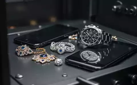 Nahaufnahme von wertvollem Schmuck, einer Uhr und einem Smartphone, arrangiert auf einer dunklen Oberfläche in einem Tresor. - Foto: über boerse-global.de