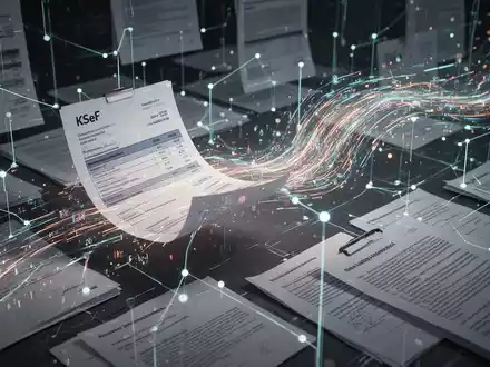 Eine stilisierte, leuchtende digitale Rechnung oder ein Datenstrom, der das KSeF-System darstellt, fließt in ein Netzwerk aus Finanzdokumenten. - Foto: über boerse-global.de