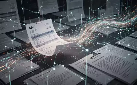 Eine stilisierte, leuchtende digitale Rechnung oder ein Datenstrom, der das KSeF-System darstellt, fließt in ein Netzwerk aus Finanzdokumenten. - Foto: über boerse-global.de