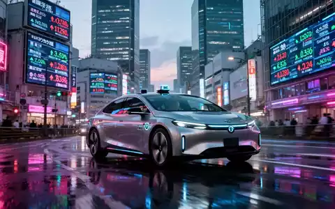 A sleek robotaxi drives through a futuristic Tokyo cityscape at dusk, with neon lights reflecting on wet streets and digital stock tickers on skyscrapers. - Foto: über boerse-global.de