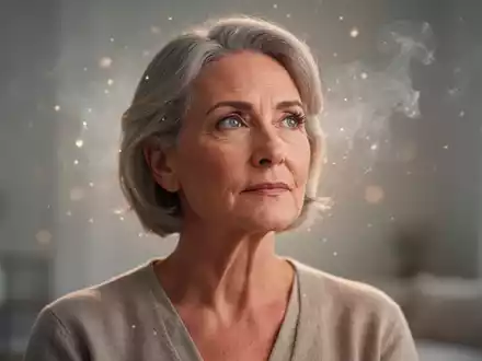 Eine nachdenkliche Frau in den 50ern blickt in die Ferne, umgeben von einem leichten Schleier, der Konzentrationsschwierigkeiten symbolisiert. - Foto: über boerse-global.de