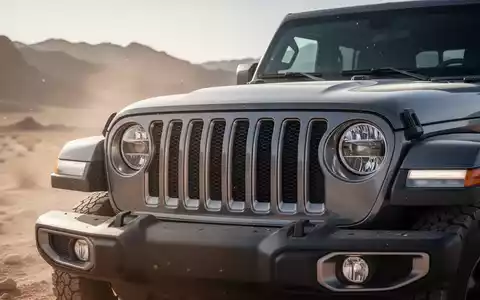 Nahaufnahme des Kühlergrills eines modernen Jeep Wrangler in einer sonnigen Wüstenlandschaft, Scheinwerfer an. - Foto: über boerse-global.de
