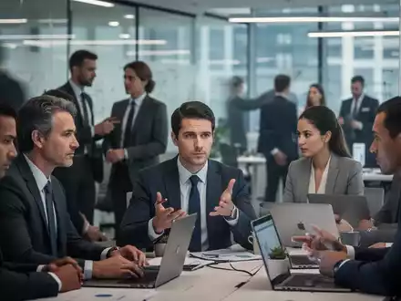 Eine Gruppe von Geschäftsleuten arbeitet konzentriert in einem modernen Büro. Ihre Gesichter zeigen Entschlossenheit und Ruhe. - Foto: über boerse-global.de