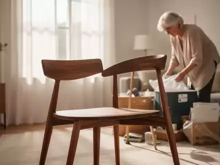 Eine ältere Frau mistet in einem minimalistischen Wohnzimmer aus, mit Fokus auf einen eleganten Holzstuhl und sanftes Sonnenlicht. - Foto: über boerse-global.de