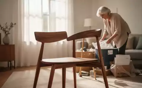 Eine ältere Frau mistet in einem minimalistischen Wohnzimmer aus, mit Fokus auf einen eleganten Holzstuhl und sanftes Sonnenlicht. - Foto: über boerse-global.de
