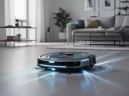 Ein fortschrittlicher Saug- und Wischroboter reinigt einen modernen Wohnzimmerboden, symbolisierend effiziente Haushaltsführung und Technologie. - Foto: über boerse-global.de