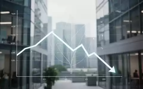 Ein minimalistisches Diagramm zeigt einen Abwärtstrend, überlagert von einem stilisierten Blatt, im Hintergrund verschwommene Bürogebäude. - Foto: über boerse-global.de