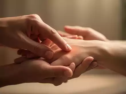 Nahaufnahme einer Hand, die einen Akupressurpunkt auf der anderen Hand drückt, symbolisiert traditionelle chinesische Medizin und Schmerzlinderung. - Foto: über boerse-global.de