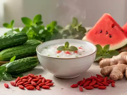 Eine Stillleben-Anordnung von frischen Zutaten der Traditionellen Chinesischen Medizin wie Gurken, Wassermelone, Minze und Ingwer. - Foto: über boerse-global.de