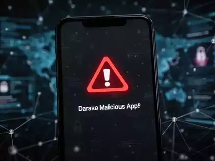 Ein Smartphone-Bildschirm zeigt eine Warnmeldung oder ein bösartiges App-Symbol, im Hintergrund unscharfe digitale Sicherheitselemente. - Foto: über boerse-global.de