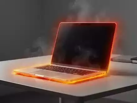 A modern 15-inch laptop on a desk, with a visual overlay showing heat concentrated at its edges, symbolizing thermal performance. - Foto: über boerse-global.de