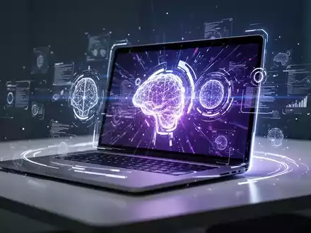 A modern laptop with a glowing screen displaying futuristic AI graphics, on a minimalist desk, symbolizing technological advancement. - Foto: über boerse-global.de