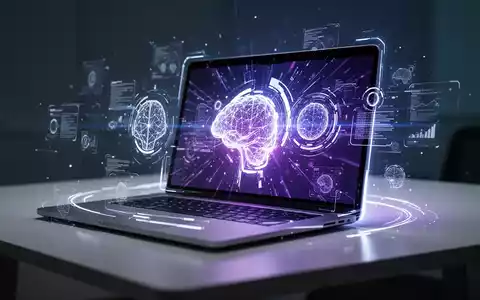 A modern laptop with a glowing screen displaying futuristic AI graphics, on a minimalist desk, symbolizing technological advancement. - Foto: über boerse-global.de