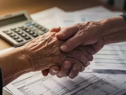 Eine Hand hält sanft eine ältere Hand, im Hintergrund unscharf Finanzdokumente und ein Taschenrechner. Symbolisiert Pflegeleistungen. - Foto: über boerse-global.de