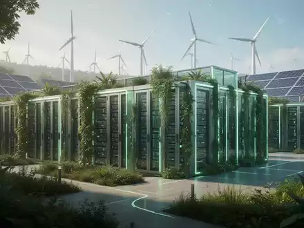 A modern, green data center in Germany, integrated with lush vegetation and renewable energy sources in the background. - Foto: über boerse-global.de