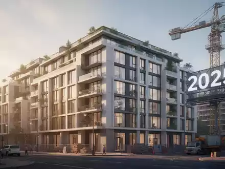Moderne Architektur eines im Bau befindlichen Wohngebäudes mit einem Kran und der Jahreszahl 2025. - Foto: über boerse-global.de