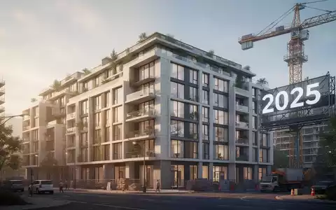 Moderne Architektur eines im Bau befindlichen Wohngebäudes mit einem Kran und der Jahreszahl 2025. - Foto: über boerse-global.de
