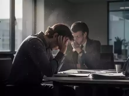 Eine Person sitzt nachdenklich an einem Schreibtisch in einem schwach beleuchteten Büro, den Kopf in den Händen, was psychische Belastung symbolisiert. - Foto: über boerse-global.de