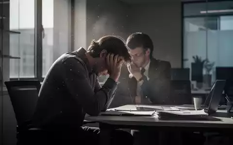 Eine Person sitzt nachdenklich an einem Schreibtisch in einem schwach beleuchteten Büro, den Kopf in den Händen, was psychische Belastung symbolisiert. - Foto: über boerse-global.de
