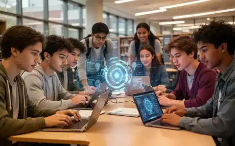 Students collaborating on laptops in a modern university library, with a subtle holographic AI interface on a screen. - Foto: über boerse-global.de
