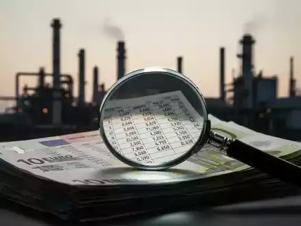 Ein Stapel Euro-Banknoten mit einer Lupe, die eine Steuertabelle reflektiert, und einer verschwommenen Pharmafabrik im Hintergrund. - Foto: über boerse-global.de