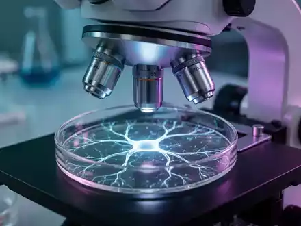Nahaufnahme einer Petrischale mit einem leuchtenden neuronalen Netz unter einem futuristischen Mikroskop in einem Labor. - Foto: über boerse-global.de