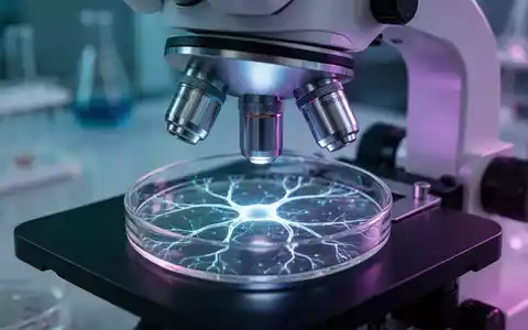 Nahaufnahme einer Petrischale mit einem leuchtenden neuronalen Netz unter einem futuristischen Mikroskop in einem Labor. - Foto: über boerse-global.de