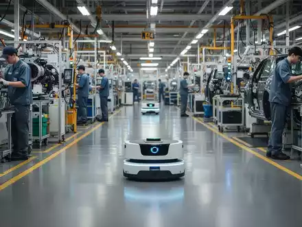 Autonomous mobile robots (AMRs) moving materials on a brightly lit automotive factory floor with human workers and machinery. - Foto: über boerse-global.de