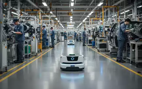 Autonomous mobile robots (AMRs) moving materials on a brightly lit automotive factory floor with human workers and machinery. - Foto: über boerse-global.de
