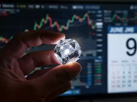 Eine Hand hält ein Lithiummineral, im Hintergrund unscharfe Finanzcharts und ein Kalender mit dem 9. Juni. - Foto: über boerse-global.de