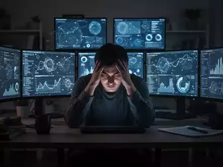 Eine Person sitzt allein an einem Schreibtisch im Homeoffice, den Kopf in den Händen, umgeben von Bildschirmen. - Foto: über boerse-global.de