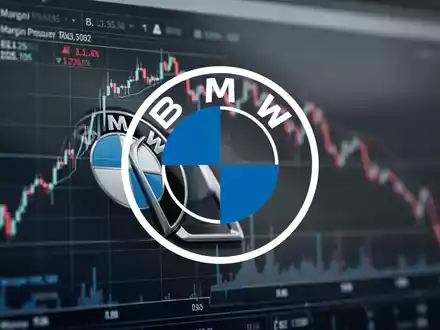 Ein unscharfes BMW-Logo vor einem Finanzdiagramm mit Abwärtstrend, das gesenkte Margenziele symbolisiert. - Foto: über boerse-global.de