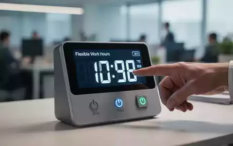 Eine Hand tippt auf eine digitale Zeiterfassungsuhr in einem modernen Büro. Im Hintergrund sind verschwommene Büroräume zu sehen. - Foto: über boerse-global.de