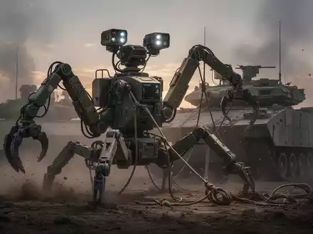 A military recovery robot with articulated limbs prepares to rig a disabled armored vehicle on a smoky battlefield at dusk. - Foto: über boerse-global.de