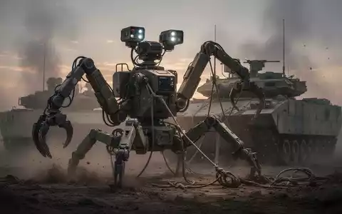 A military recovery robot with articulated limbs prepares to rig a disabled armored vehicle on a smoky battlefield at dusk. - Foto: über boerse-global.de