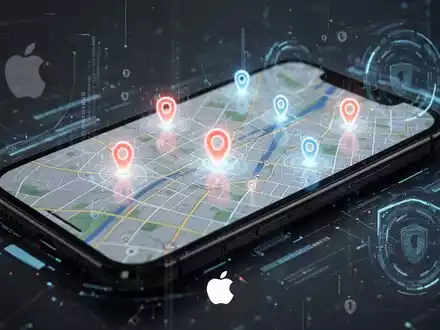 A stylized smartphone screen showing a map with glowing location pings and digital security elements, representing new Find My features. - Foto: über boerse-global.de