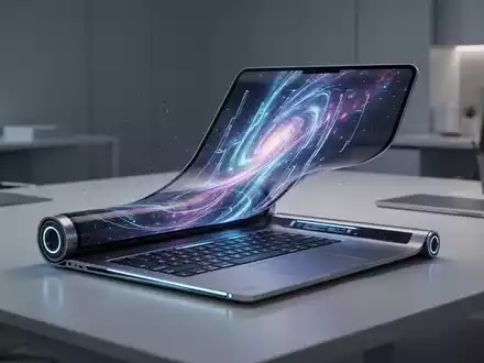A sleek, modern rollable laptop with an unfurling OLED screen, sitting on a minimalist desk. - Foto: über boerse-global.de