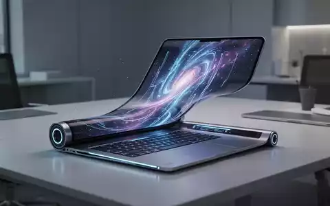 A sleek, modern rollable laptop with an unfurling OLED screen, sitting on a minimalist desk. - Foto: über boerse-global.de