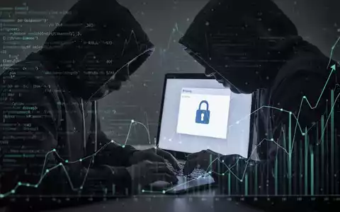 A shadowy figure at a laptop, its screen showing a fraudulent email. Digital security elements and financial data overlay the scene. - Foto: über boerse-global.de