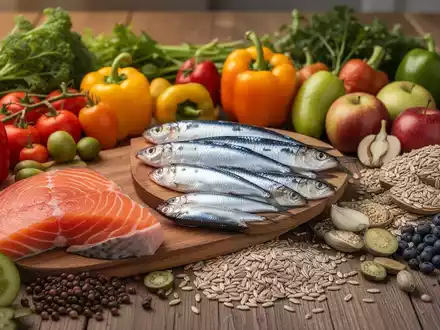 Eine Nahaufnahme einer Auswahl an gesunden Lebensmitteln, darunter Fisch, Gemüse und Vollkornprodukte, auf einem Holztisch. - Foto: über boerse-global.de