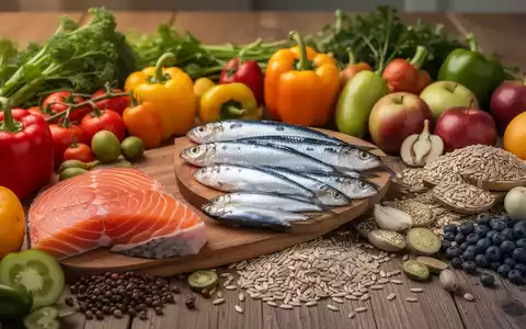 Eine Nahaufnahme einer Auswahl an gesunden Lebensmitteln, darunter Fisch, Gemüse und Vollkornprodukte, auf einem Holztisch. - Foto: über boerse-global.de
