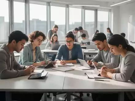 Eine Gruppe von Schülern konzentriert sich in einem modernen Klassenzimmer auf ihre Lernaufgaben, einige arbeiten kollaborativ. - Foto: über boerse-global.de