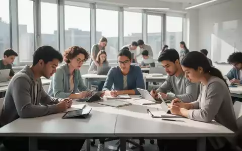 Eine Gruppe von Schülern konzentriert sich in einem modernen Klassenzimmer auf ihre Lernaufgaben, einige arbeiten kollaborativ. - Foto: über boerse-global.de