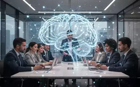 Ein abstraktes, leuchtendes KI-Netzwerk schwebt über einem Team, das in einem modernen Büro zusammenarbeitet und die Integration von KI in die Teamarbeit symbolisiert. - Foto: über boerse-global.de