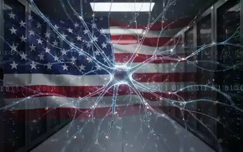 A glowing neural network with a partial US flag overlay, binary code, and a dark data center, symbolizing AI restrictions and national security. - Foto: über boerse-global.de